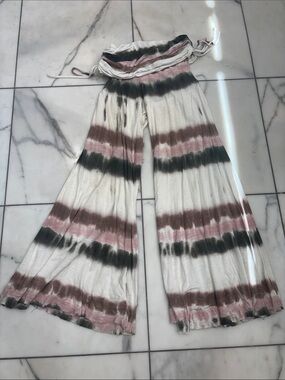 BKE White Wide-Leg Tie-Dye Pants with Pink & Green Stripes